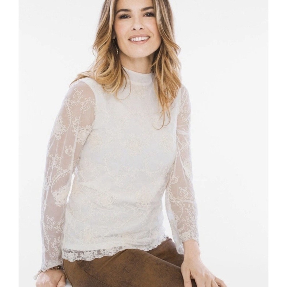 Chicos Lace Overlay Lightweight Blouse Tunic Long Sleeve Ivory Lay SZ-2